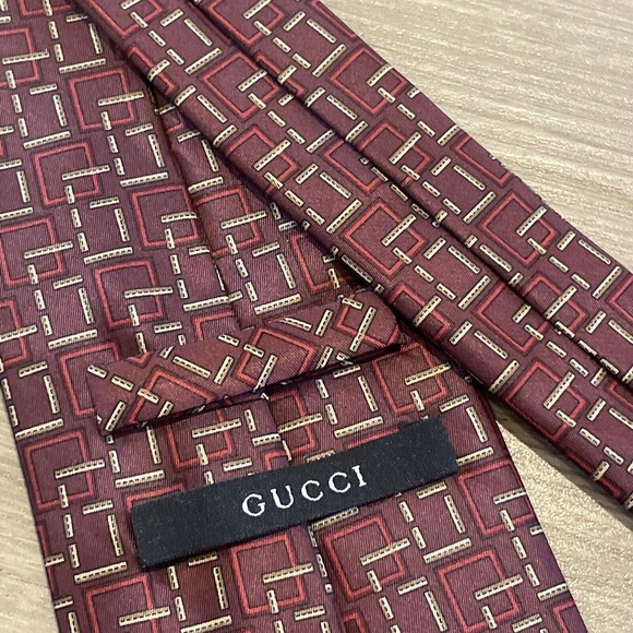 Gucci Mens Silk Tie Maroon Gold Made In Italy - Picture 6 of 9